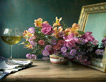 Masterpiece, mirror, table, wineglass, vase, glass, flowers, cloth, wine HD wallpaper