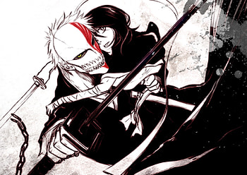 Ichigo & Rukia, yellow eyes, ichigo, mask, vizard ichigo, white background, rukia, ichigo kurosaki, shinigami, bleach, kurosaki ichigo, hollow ichigo, hollow mask, duo, rukia kuchiki, sword, weapons, kuchiki rukia, vizards, anime, spiky hair HD wallpaper