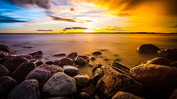 Rocks, sunrise, sea, coast HD wallpaper