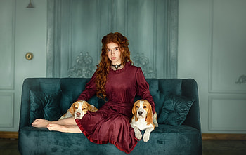 Redhead with puppies, girl, women, model, Redhead HD wallpaper