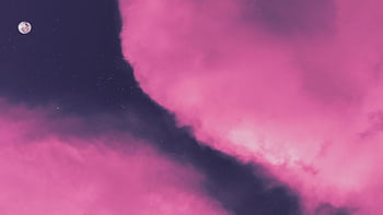 A mesmerizing view of pink clouds with the moon and stars, perfect for backgrounds. HD wallpaper