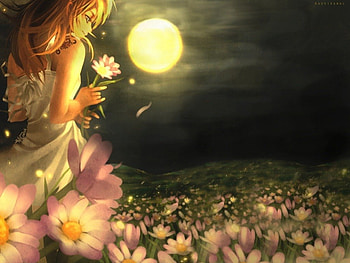 On meadow, tattoo, meadow, girl, long hair, anime, moon, flowers, blonde hair, drees HD wallpaper