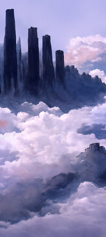 Ancient ruins above in the sky above the clouds, purple, minimalist, colorful, cloud, fantasy, landscape, fantasy landscape HD phone wallpaper