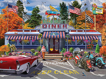 Bill & Sally's Diner, car, artwork, restaurant, painting, trees, motorcycles, flags, people HD wallpaper