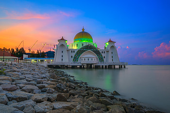 Mosques, Religious, Malacca Straits Mosque, Beach, Malaysia, Stone HD wallpaper