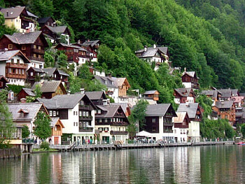 Lakeside Houses, grass, water, lake, hill HD wallpaper