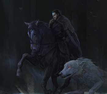 Jon Snow and Ghost, white, horse, black, jon snow, art, man, wolf, ghost, fantasy, luminos, lup, game of thrones HD wallpaper
