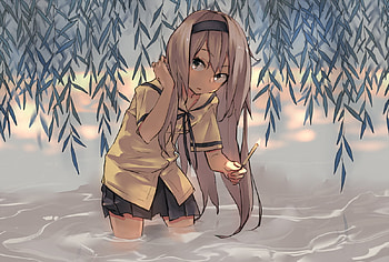 Anime, silver hair, seifuku, cute, school girl, tree, anime long hair, tagme, water HD wallpaper
