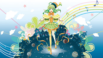 Music Makes The World Go Round, planets, town, gloves, vocaloid, gumi, anime, rainbow, clouds, green hair, flowers, green eyes, music notes HD wallpaper