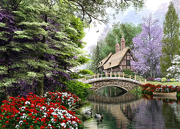 Spring at the Bridge, house, bridge, trees, flowers, water HD wallpaper