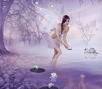 The wishing pond, wings, pretty enchanted, forests, girl, nice, fairy, fantasy, trees, nature, flowers, lilies, lovely, pond HD wallpaper