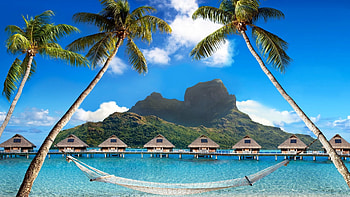 Sea mountains, Bungalow on the shores, Palm trees, French Polynesia HD wallpaper