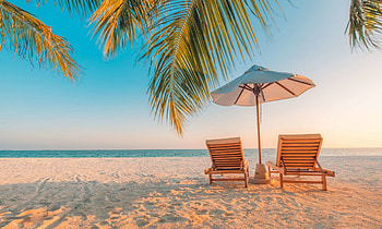 Beach, Chairs, Sandy, Plam leaves, Umbrella HD wallpaper