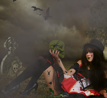 ✫Love from the Grave✫, birds, spider, digital art, creepy, dress, charm, rose, animals, grave, hat, female, tombstone, gothic, beautiful, dark, skulls, impressive, fantasy, pretty, manipulation, models, girls, flowers, women, lovely, hair HD wallpaper