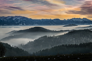 Landscape, horizon, sunrise, fog, nature HD wallpaper