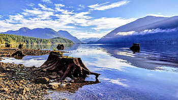 Golden Ears Provincial Park, British Columbia, sky, mountains, canada, clouds, water, reflections HD wallpaper