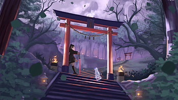 Girl At Japanese Temple With Ghost, girl, japanese, temple, ghost, artist, artwork, art, digital-art, deviantart HD wallpaper