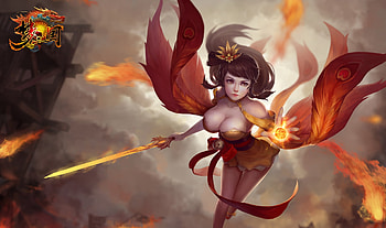 Fantasy girl, sword, fantasy, red, xizi, luminos, girl, orange, fire HD wallpaper