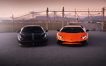 Ferrari 458 Italia, Lamborghini Aventador, LP700-4, supercars, black 458 Italia, orange Aventador, sports cars, Lamborghini, Ferrari HD wallpaper