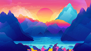 Sunset, blue, orange, mountain, lake, pink, fantasy, vector, water HD wallpaper