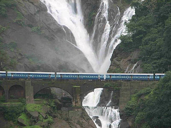 Train over troubled water, waterfall, train, people, mountain HD wallpaper