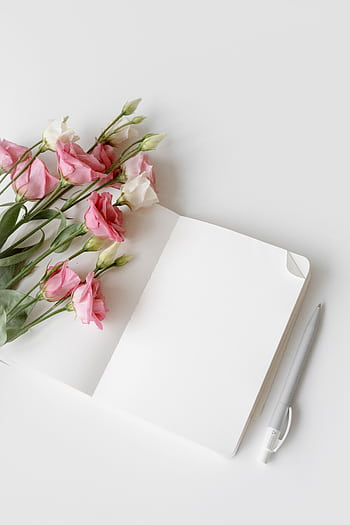 Open notebook with pink and white flowers and a pen. Perfect for minimalistic designs. HD phone wallpaper