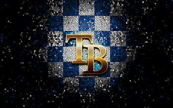 Tampa Bay Rays emblem, glitter logo, MLB, blue white checkered background, american baseball team, Major League Baseball, mosaic art, baseball, Tampa Bay Rays HD wallpaper