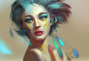 Girl, blue, colorful, dangmylinh, art, feather, fantasy, portrait, face, luminos HD wallpaper