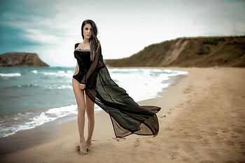 Brunette, bikini, black, beach HD wallpaper