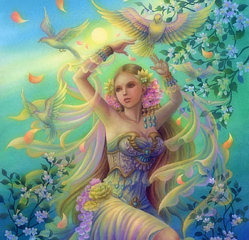 ~Perse~, birds, traditional art, weird things people wear, paintings, spring, woman, love four seasons, fantasy, petals, flowers HD wallpaper