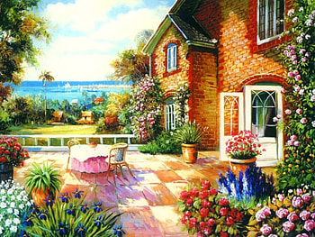 Cottage by the sea, sea, art, house, garden, beautiful, sailboats, summer, rest, painting, view, cottage, village HD wallpaper