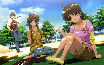 Over here, Tomoya !!, furukawa, nagisa, sanae, bat, clannad, park, anime, key, family, game, baseball, together, akio HD wallpaper