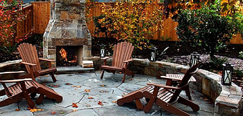 Autumn patio, autumn, patio, fireplace, fall leaves HD wallpaper