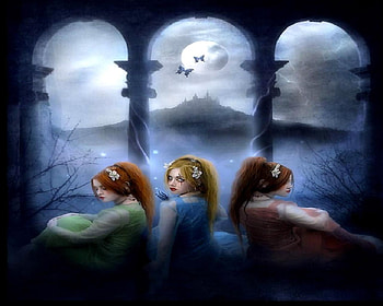 The Three Sisters, butterflies, window, moon, girls, castle, storm HD wallpaper