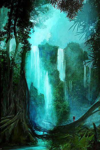Trees, Art, Silhouette, Waterfall, Forest HD phone wallpaper