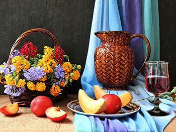 still life, beautiful, flowers, food HD wallpaper