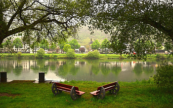 Landscape, reflection, trees, benches, water HD wallpaper
