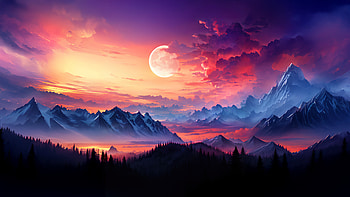Snow Capped Mountains With Full Moon, sun, clouds, purple, sky, mountains, mountain, artist, artwork, art, digital-art, ai, pixiv HD wallpaper