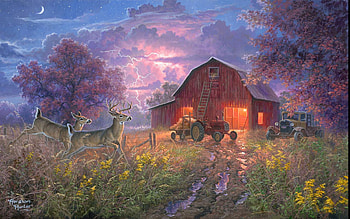 Night Run, deer, trees, clouds, sky, meadows, barn, car, artwork, moonlight, painting, flowers, tractor HD wallpaper