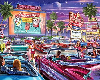 car cinema, cinema, 50, 60, cars HD wallpaper