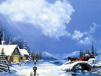 Christmas Home, river, winter, horse, people, artwork, painting, snow, bridge, cottage, mountains, cart HD wallpaper