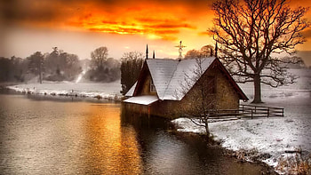 Lakeside House at Sunset, winter, house, lake, fog, snow, clouds, trees, nature, sunset HD wallpaper