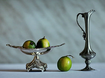 Silver Still Life, art , still life, lemons, silver basket, nature, silver pot HD wallpaper