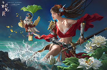 Fantasy girl, gorgeous, cute, girl, cat, fantasy, red, cupid, lantern, luminos, water, warrior, lotus, blue, vara, frumusete, chen yingjun, sword, summer, superb, pisici HD wallpaper