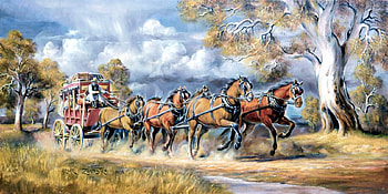 Express Coach, artwork, horses, painting, path, tree HD wallpaper