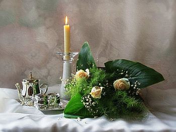 Still life, white roses, roses, candle HD wallpaper