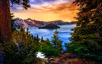 Crater Lake, sunset, winter, mountains, american landmarks, Oregon, USA, America, R HD wallpaper