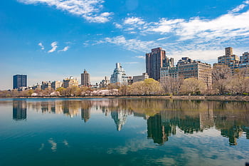 New York City skyline reflecting in Central Park's serene water under a vibrant blue sky. HD wallpaper