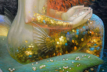 Mermaid (detail), blue, golden, mermaid, art, hand, fantasy, painting, pictura, pearl, yellow, victor nizovtsev, luminos HD wallpaper