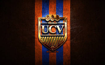 Universidad Cesar Vallejo FC, golden logo, Liga 1 Apertura, orange metal background, football, peruvian football club, Universidad Cesar Vallejo logo, soccer, CD Universidad Cesar Vallejo HD wallpaper